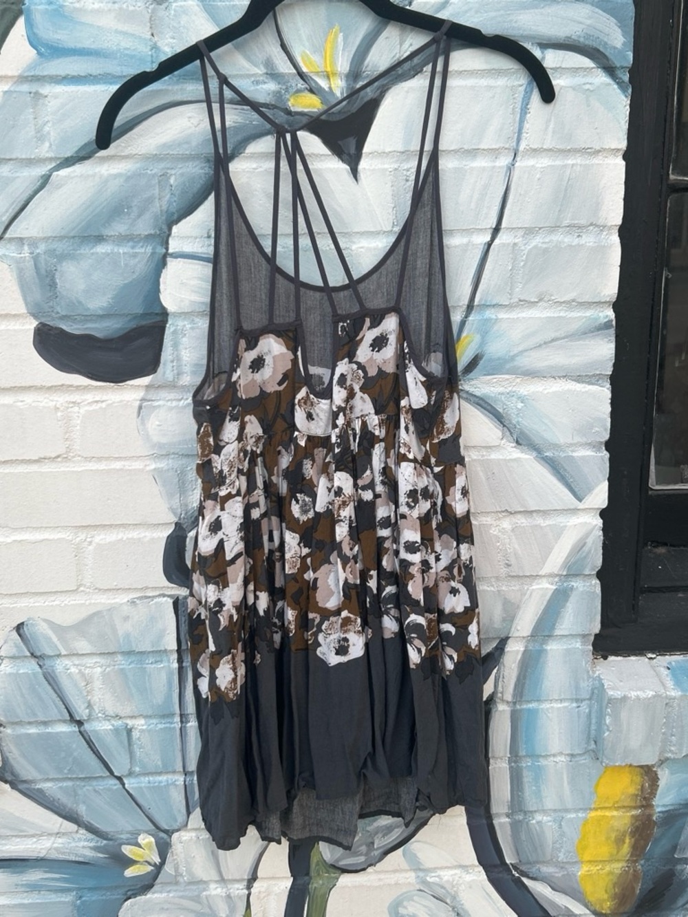 Free People Charcoal Floral Slip Dress with Brown and White Print